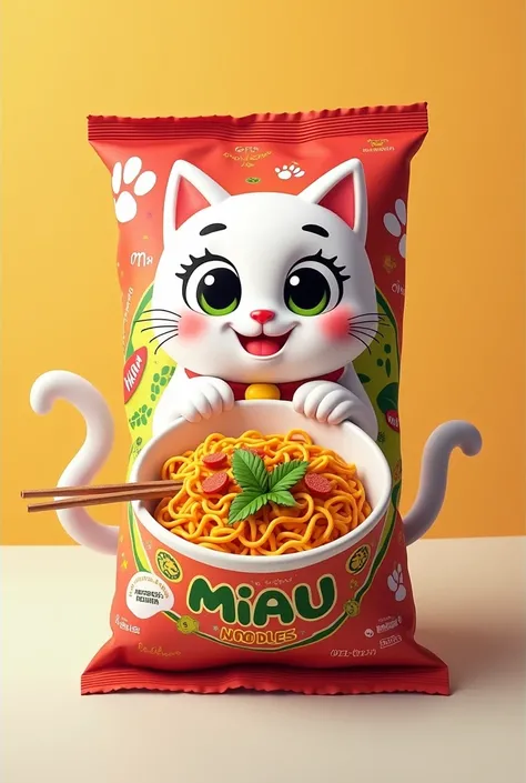 A bag of kitty noodles with the name Miau Noodles 

