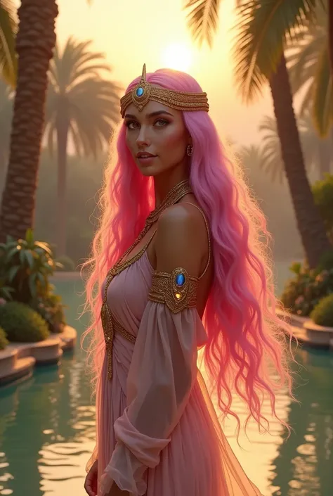 In the midst of a breathtaking oasis in ancient Egypt, Neferura stands with regal grace, embodying divine beauty and authority. The setting sun casts a warm, golden hue over the tranquil waters and lush greenery, highlighting her flawless, radiant skin tha...