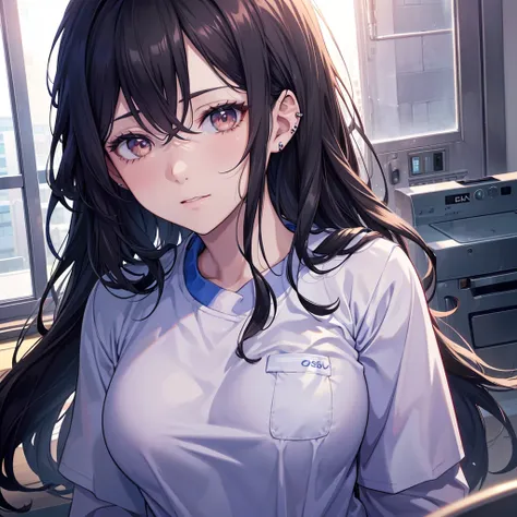 Burst Out Laughing, hospital, clinic, wear scrubs, White or pale blue scrub clothing, a nurse aide, with long dark hair, piercing gaze, and a stern expression, no cap, full body view, high resolution, detailed, anime-style illustration, beautiful black hai...