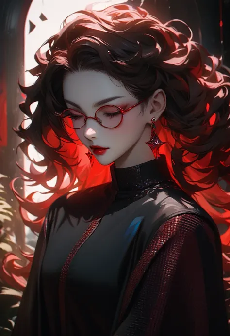 slightly curled hair, red narrow-rimmed glasses, Small spots under the corners of the mouth, / Note Lilac Earrings, Mouth slightly closed, Red lips, Surrealism, Attention to detail, Strong chiaroscuro, Film grain, Panorama, Ultra-high resolution, Accurate,...