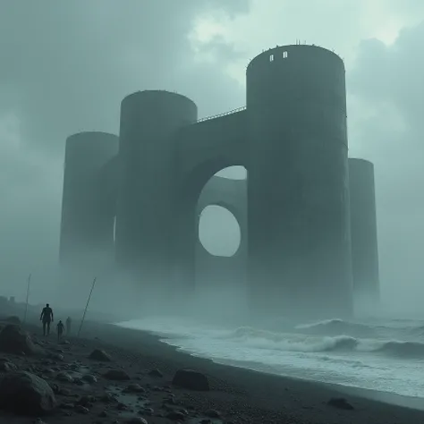 post-apocalyptic landscape, mysterious monumental building, interconnected cylinders, huge round holes, abandoned and mysterious, seashore, small dark figures, silhouettes in thick fog, gray and stormy sea, heavy clouds, atmosphere of horror and uncertaint...