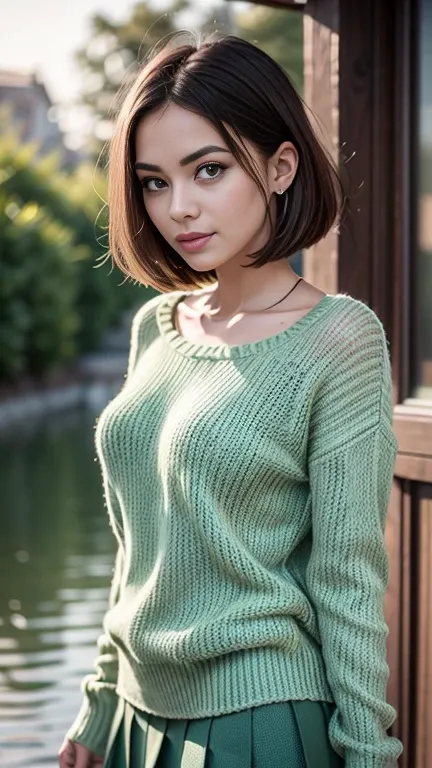 arafed woman in a green sweater and white skirt posing by a lake, wearing a green sweater, Light Green, sweater, Soft green,White pleated skirt， Sea green and white outfit, Short Wide Sleeves, wearing sweater, High quality details, Green clothes, Ice cold!...