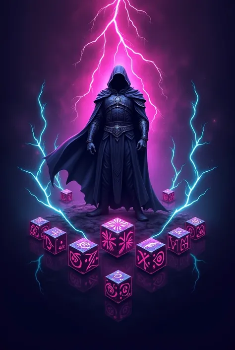 Create logo with dark purple image background,put lightning details in pink and add some cyan,place a guardian and some 20-sided dice around it