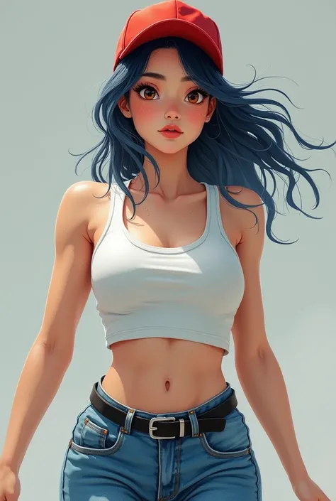 Draw a 30-year-old woman with the following characteristics:
White skin Blue-black hair Light brown eyes Red cap with white White tank top Blue jeans with a black belt White tennis shoes And make him sweat a lot