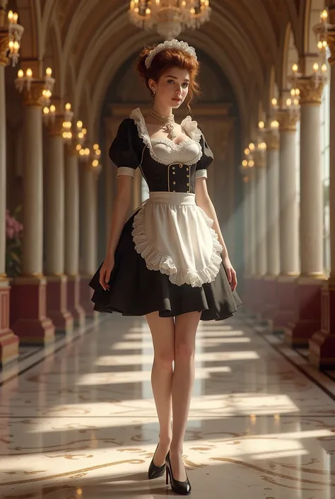  white woman, beautiful, brown hair, wearing a maid uniform, in the palace