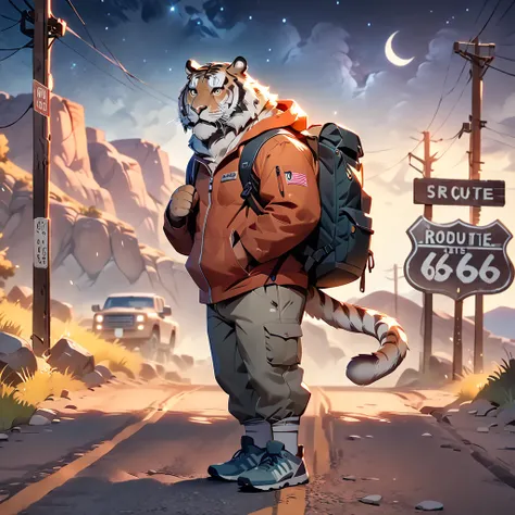 masterpiece, best quality, very aesthetic, absurdres, BREAK noise reduction, super fine illustration, BREAK [face:full body:10], looking away, from side, american country, backpacker, plump middle-aged tiger man, fluffy body, tail, brown eyes, beautiful be...