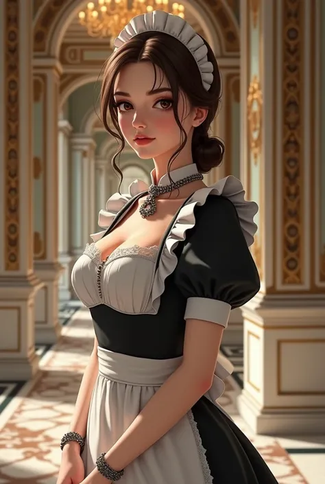 white woman, beautiful, brown hair, brown eyes, wearing a maid uniform, in the palace