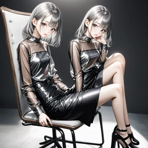 Wearing a black dress and sitting on a chair, Korean female fashion model, Transparent grey skirt, Mesh shirt, Chrome Clothing, Shiny silver, It&#39;s lucky that, Big Breasts, Best Quality, masterpiece, Ultra-high resolution, Realistic,