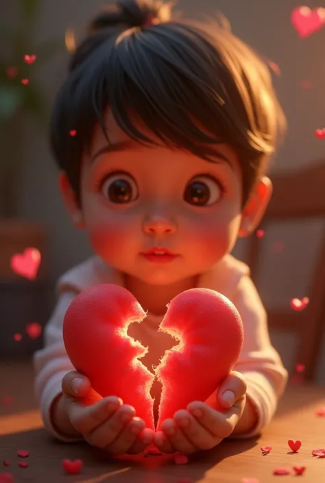 A child&#39;s hands holding a heart split in half, Pixar 3D style