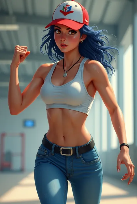 Draw a 30-year-old woman with the following characteristics:
White skin Blue-black hair Light brown eyes Red and white cap White tank top Blue jeans with a black belt White tennis shoes And make him sweat a lot while he&#39;s exercising