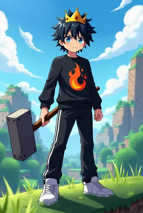 Anime boy with black hair and a crown, sky blue eyes, black sweater with a fire logo and white stripes on the sides, black pants and white stripes on the sides, white shoes, Minecraft landscape and with a large Minecraft mallet 