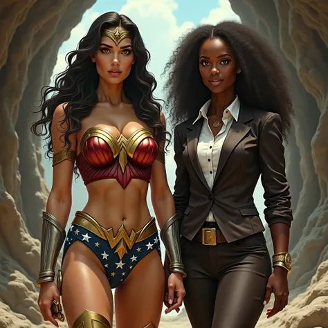 Realistic. High quality. Wonder Woman with large breasts, tall and muscular build. Wearing golden bikini to show her abs. Standing side by side with a black female with curly hair, wearing white shirts, covered in black suits and trousers in front of the c...