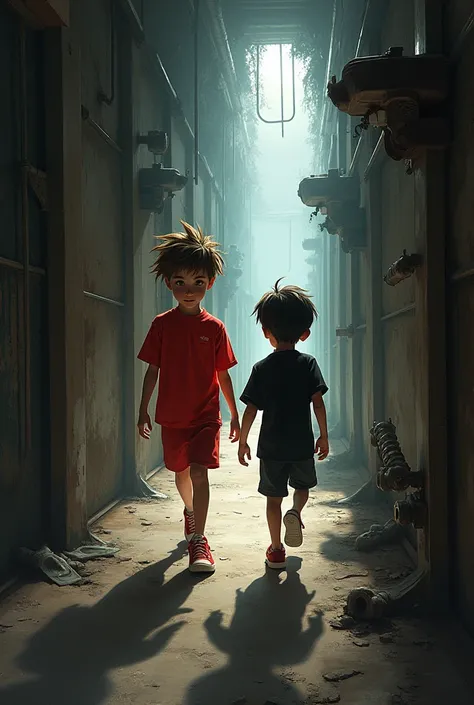 Spawns two boys, one with a red shirt, shorts and red shoes, next to a boy with a black shirt and pants in a hallway with traps