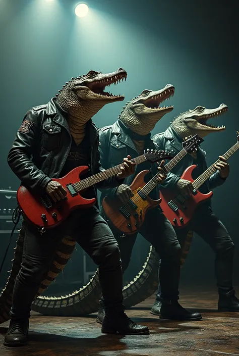 a rock band of 4 alligators in a leather jacket