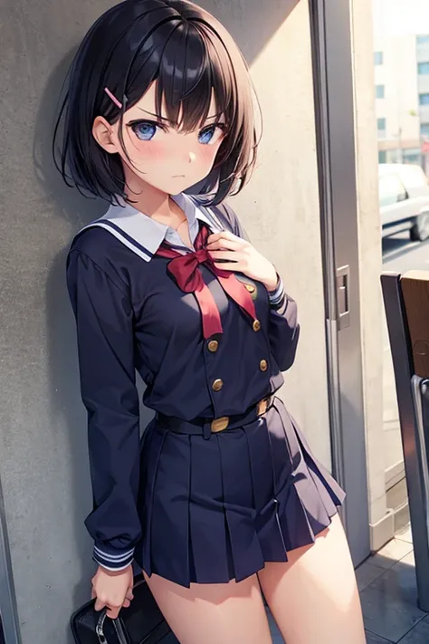 One girl, Small breasts, Shortcuts, Hair Clip, Student Uniform, Frowning