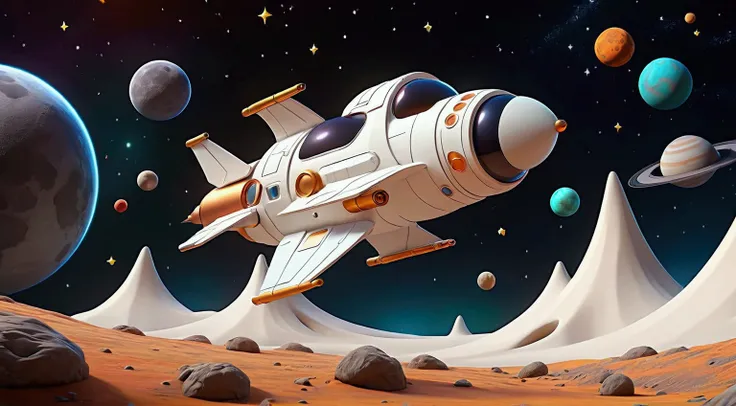 white spaceship, going to the moon, the universe is full of planets, colorful and starry, childrens cartoon 3D animation style