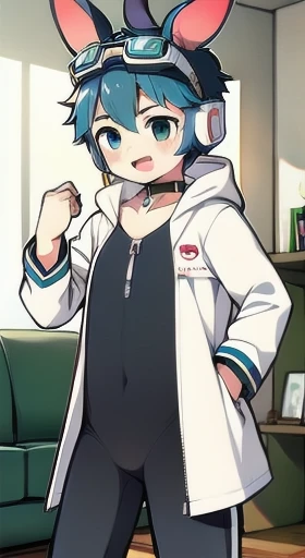 2D Shonen Shota，One-piece racing suit，Slim, healthy body，Put the headphones on your head，stand up，goggles，Rabbit ears，Happy，Sailor collar，tie，zipper，hood，Trench coat，living room