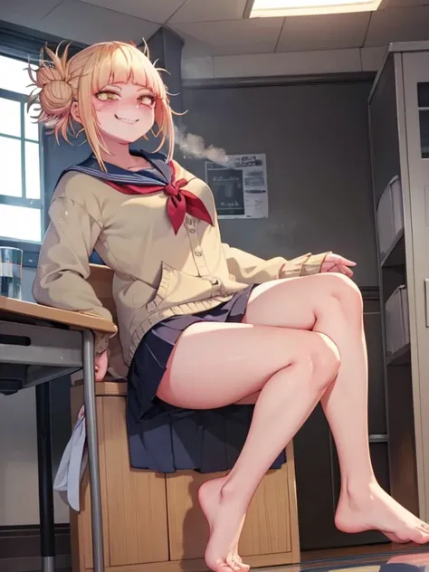 smile,steam,class room,Shes trying to step on me，She is barefoot，She looks at me teasingly.，from below, Detailed sole，Anatomically correct toes，