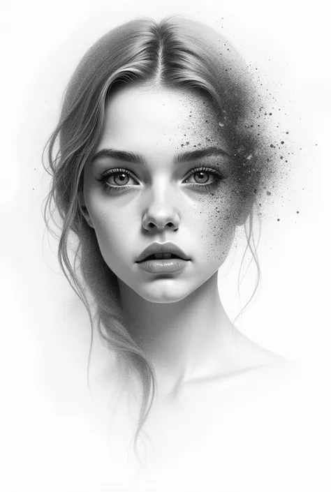 Create a professional pencil sketch of a beautiful girl but from a psychological point of view highlighting some disorder in the drawing style in a free and professional way on a white background using pointillism 