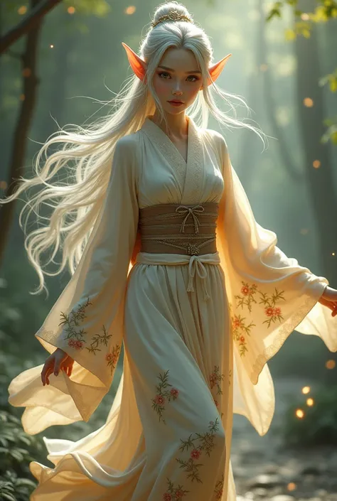 Beautiful Elf Princess in kimono outfit,dancing pose, 3d render,looking at the viewer, facing forward