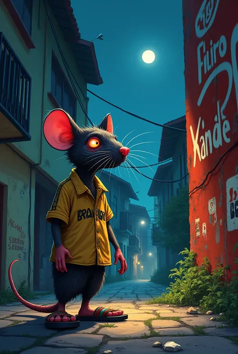 Drawing of a Rat inside the favela at night with a Brazilian shirt and flip-flops and red eyes next to a giant sound wall, with graffiti written Xande on the wall