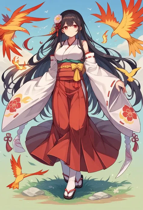 1girl, solo, long hair, looking at viewer, large breasts, black hair, long sleeves, hair ornament, red eyes, closed mouth, standing, full body, multicolored hair, detached sleeves, japanese clothes, hair flower, wide sleeves, black footwear, white thighhig...