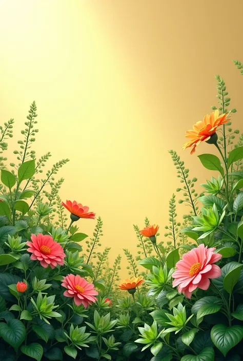 Green plants and vibrant flowers. The plants look healthy and strong, suggesting good nutrition. only the flowers are seen.The sun shines softly. realistic photos. single color background.
