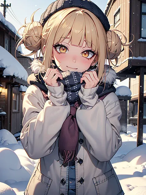 Toga himiko, wearing a knitted hat, denim shirt, and a fur coat, standing in a snowy town during a blizzard, with a long scarf fluttering in the wind, fur mittens, and a flushed face with eye makeup shadows, beautiful detailed eyes, beautiful detailed lips...