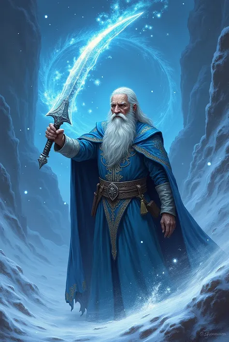 the picture shows an dagger made of ice, beeing wield by an old sorcerecer, using an art style for card games