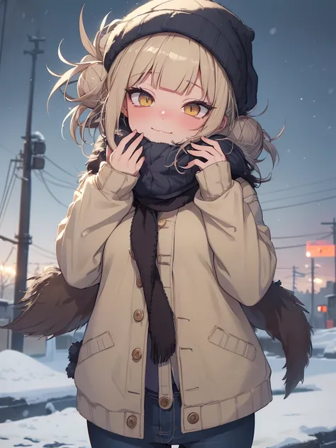 Toga himiko, wearing a knitted hat, denim shirt, and a fur coat, standing in a snowy town during a blizzard, with a long scarf fluttering in the wind, fur mittens, and a flushed face with eye makeup shadows, beautiful detailed eyes, beautiful detailed lips...