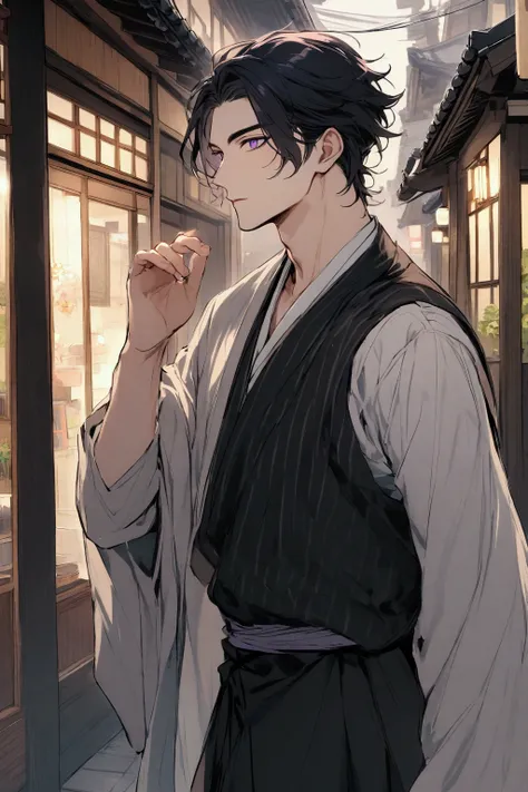 handsome man　samurai　Black Hair　Purple Eyes　Around town