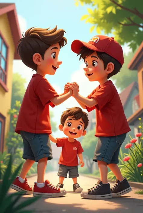 Generates a boy with a red shirt and shorts going to help his friend with a cap and a red shirt along with a friend with a black shirt 
