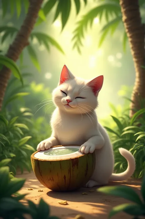 Cat sitting under tree drinking coconut water 