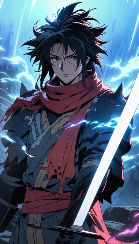 anime fantasy murim, a fierce warrior, messy and spiky black hair, black eyes with a red glow, red scarf, black robe with red details, red sash at the waist, black glove, wielding a sword ready for battle, a bright aura surrounds him, harmonious colors, dy...