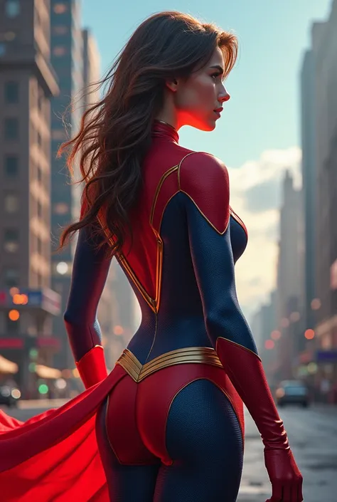 A girl in a superhero outfit showing her back 