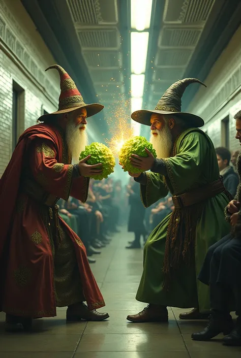 Two medieval wizards fighting with lettuce in the subway , variation of images, variation of poses