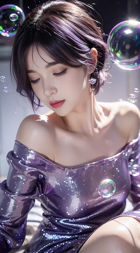 solo, 1girl, purple eyes, purple hair, bubble, looking at viewer, portrait, half-closed eyes, short hair, closed mouth,shiny bubbles,bubbles, colour shining in bubble, reflective bubbles,bubbles ,bubbles all around, turning into bubble