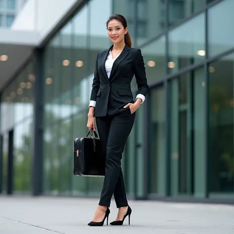 Professional Businesswoman: A confident, poised woman in a sleek business suit, standing in front of a modern office building. She’s holding a briefcase, wearing high heels, and her hair is styled in a neat updo. She exudes sophistication and professionali...