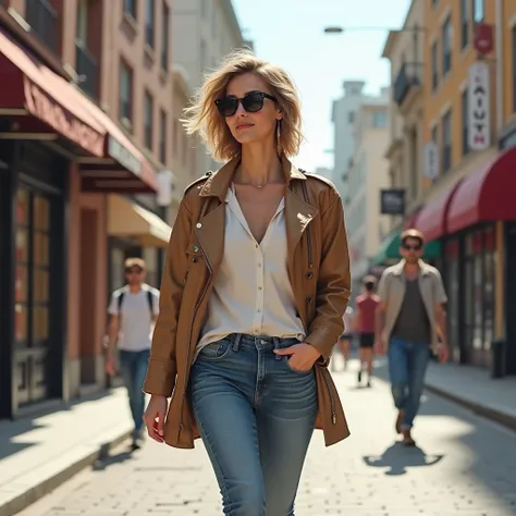 Casual Chic: A trendy young woman walking through a city street in a casual outfit: skinny jeans, a fashionable top, and stylish boots. She has short hair, sunglasses, and a carefree, friendly smile.