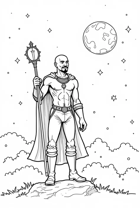 stress free coloring book, page of a black man laughing, bald and with a goatee, wearing a high collared cape, shirtless and wearing old style pants, wearing boots that go up to his shin, he is standing on a rock holding a scepter, at night, with a starry ...