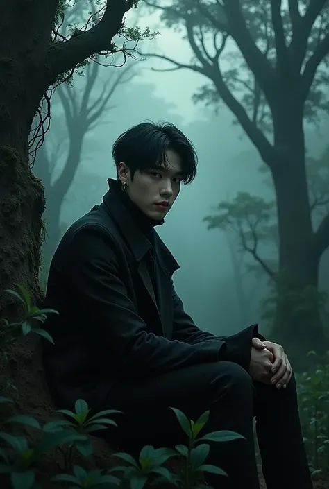 Vampire Jungkook sitting with a dark landscape