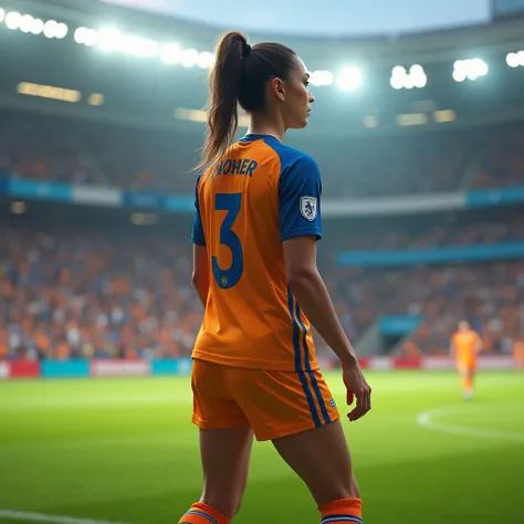 A female soccer player showing her back 