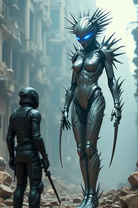 Make a very tall woman with skin completely made of silver metal, sharp spines with spikes come out of their backs, eyes glowing electric blue, the arms are like blades. Facing cyberpunk soldier in a destruction scenario.