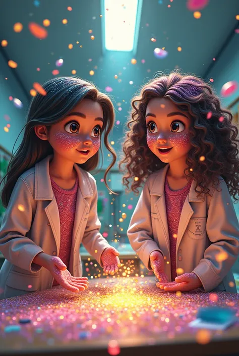 an explosion of glitter(chemistry classroom) throughout the room,on Olivia and Mia&#39;s face and clothes,two girls,(my curly hair,oliviada long straight hair) and on the teacher&#39;s face