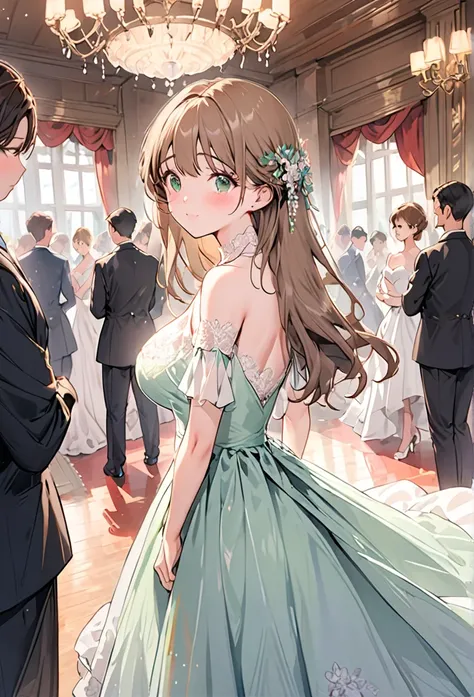 (masterpiece:1.2), woman, light green eyes, innocent eyes, doe eyes, light brown hair, long hair, busty, narrow waist, beautiful historical gown, jewels and lace, shy, blushing, standing up, ballroom, good quality, pov