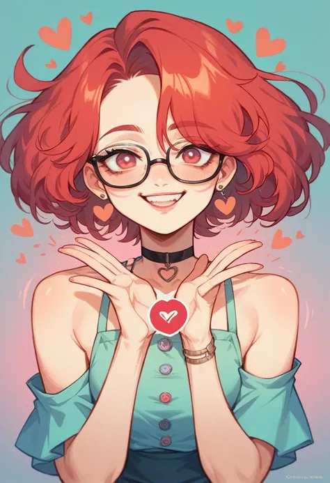 a cartoon girl with red hair and glasses, hearts symbol, streaming on twitch, charli bowater and artgeem, hugs, kawaii vibe, woman in dress, nerd emoji, avoid duplicate images, looking at viewer