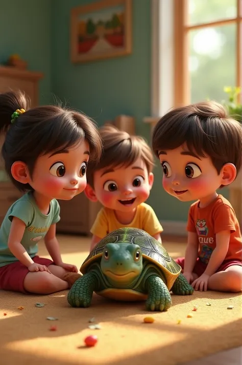 3 animated children, sitting on the floor talking to a turtle