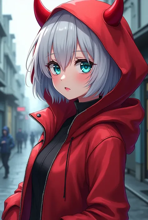 anime style, Young adult woman, with blue right eye and green left eye, short white hair.
With a red jacket and hood on his head(Red horns come out of the front of the hood).
He is opening his jacket.