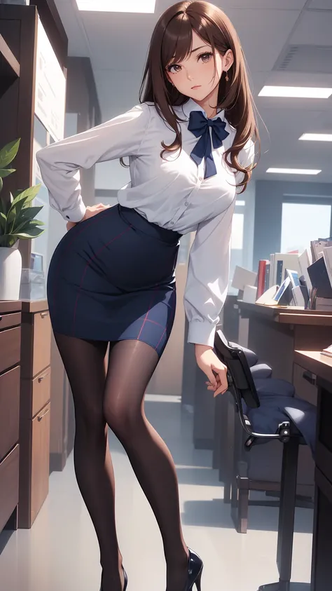 Best Quality, Flying debris, Beautiful mature woman、Beautiful Face、Strong-willed woman、Office Lady、(Brown Hair、Brown eyes)、Long Hair、Magazine Style,Full Body Shot、Female Office Lady、break(Bowtie blouse、Navy blue checked long pencil skirt,Long skirt、Black tights、High heels:1.2)、break((Standing posture))、(Small breasts)
