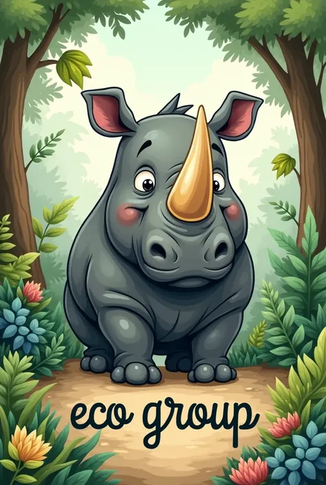 A drawing to be a mascot for a company that is a nice rhinoceros and that says Eco group 